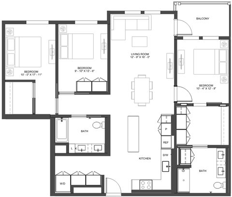 Floor plan for 3 beds, 2 baths, 1406 sqft